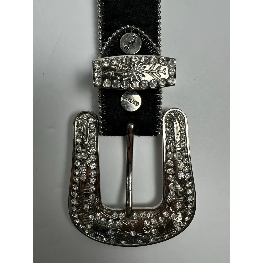Western Hair On Hide Belt Size 24 Turquoise Studded Rhinestone Silver Buckle
